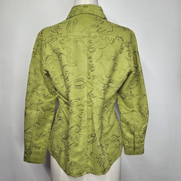 Chico's Size 1/M Shirt Shacket Button Down Floral Embroidered Green Microfiber - Picture 4 of 12